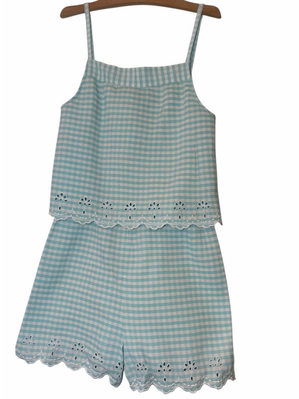 crown & ivy girls Light Blue Gingham Girls' Romper eyelet accent sz 14 beachy
